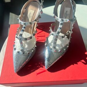 Valentino Garavani - Women’s Rockstud Metallic & Sequins Silver Ankle Strap Pump
